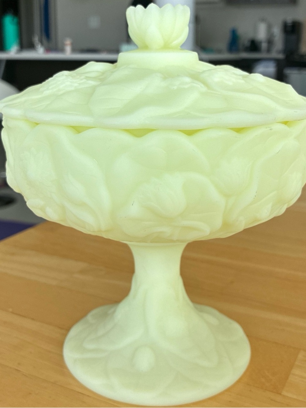 Fenton Uranium Satin Glass Covered Candy Dish Pedestal Compote Floral Glows UV